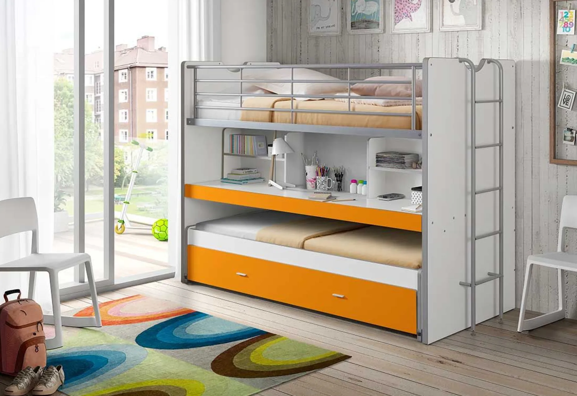 Hochbett Bonny 80 mit Schreibtisch und Bettkasten - orange