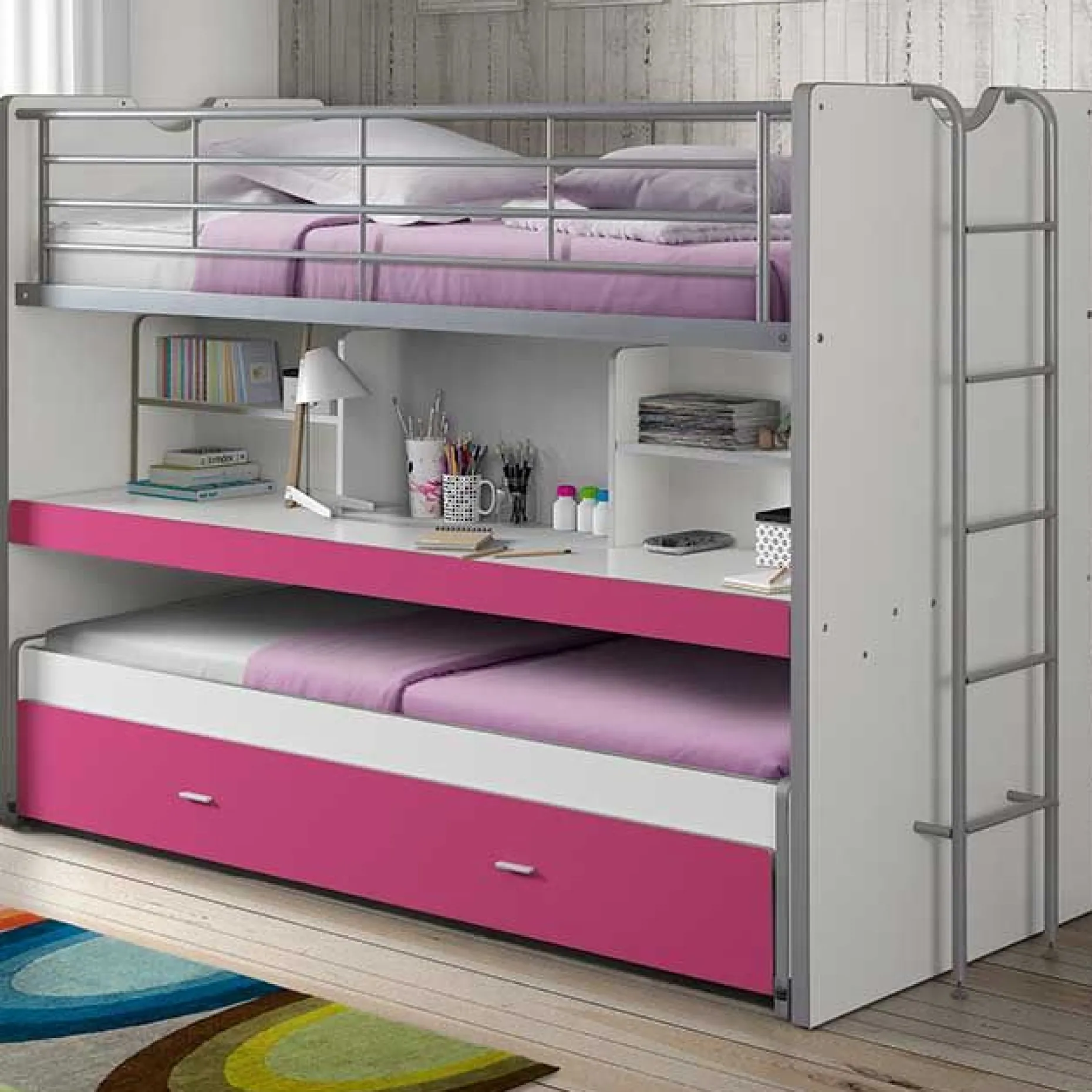 Hochbett Bonny 80 mit Schreibtisch und Bettkasten - pink