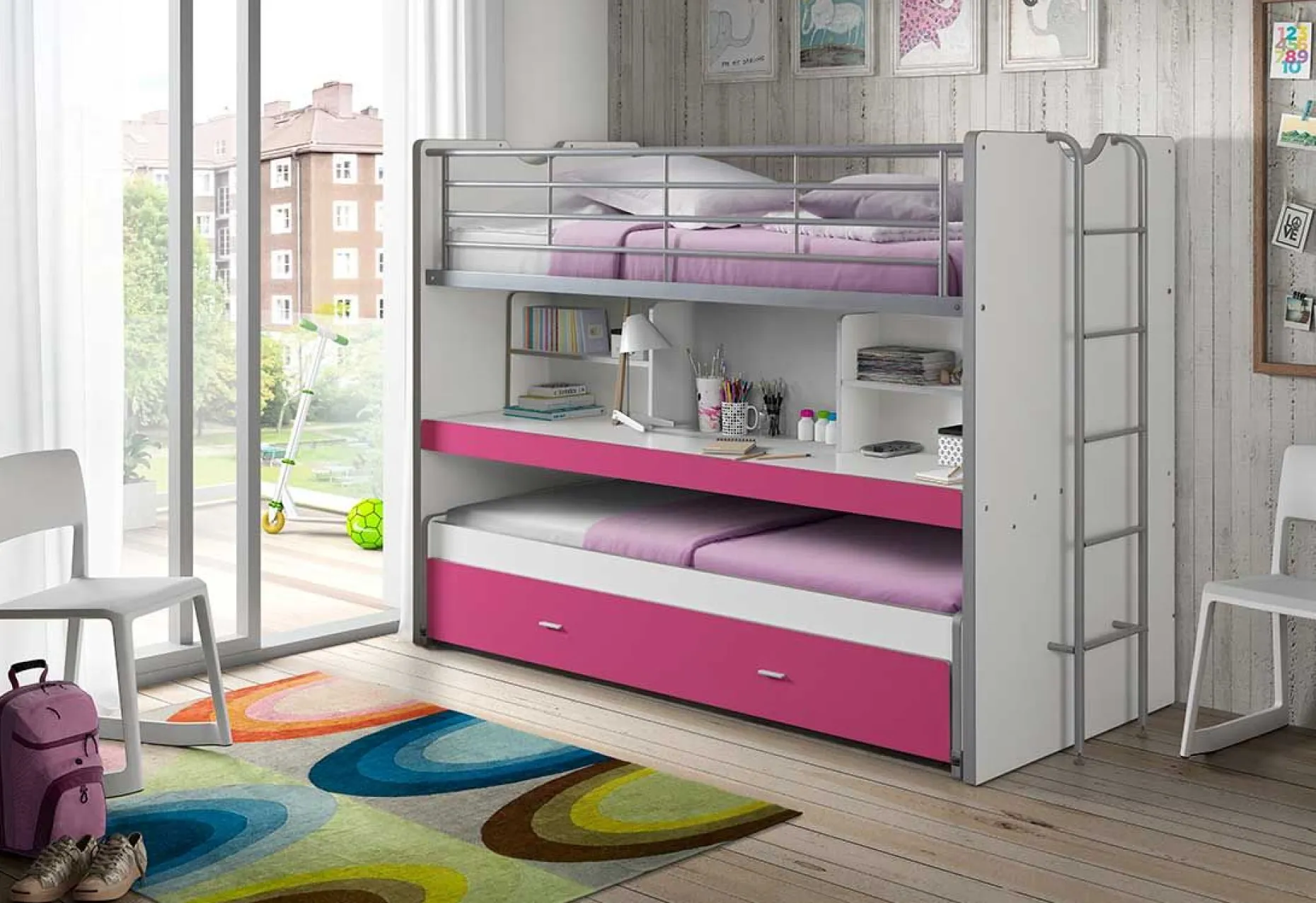 Hochbett Bonny 80 mit Schreibtisch und Bettkasten - pink