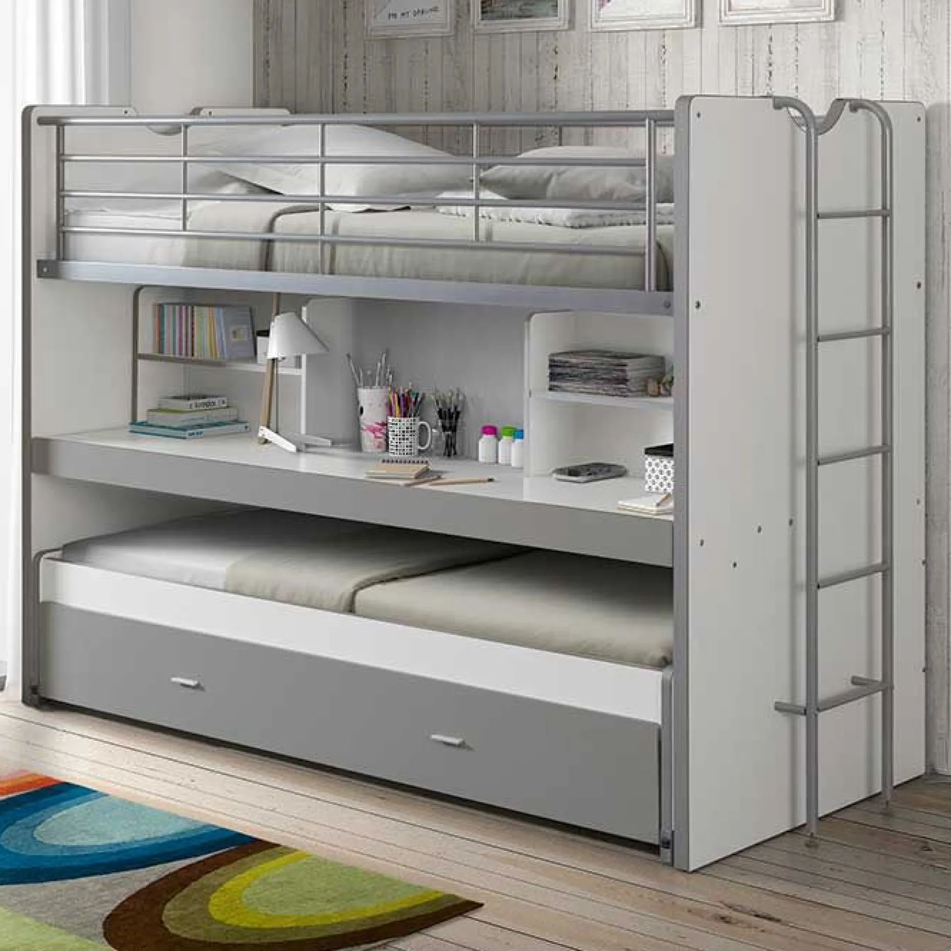 Hochbett Bonny 80 mit Schreibtisch und Bettkasten - silber
