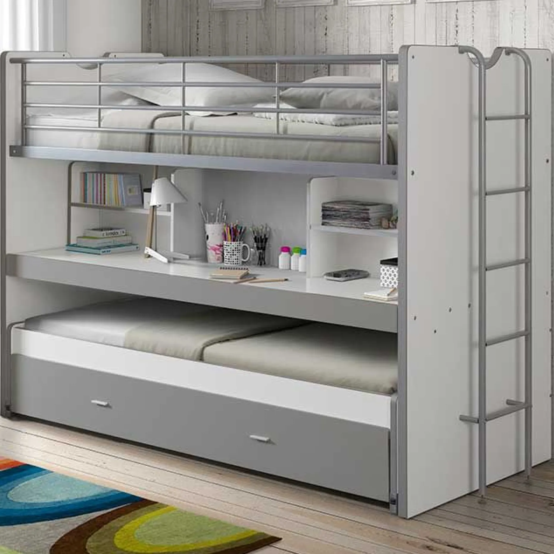 Hochbett Bonny 80 mit Schreibtisch und Bettkasten - silber
