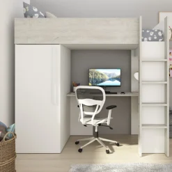 Hochbett Bo9 90x200 cm mit Schreibtisch & Kleiderschrank - weiß