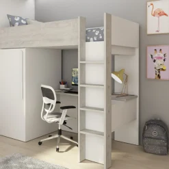 Hochbett Bo9 90x200 cm mit Schreibtisch & Kleiderschrank - weiß