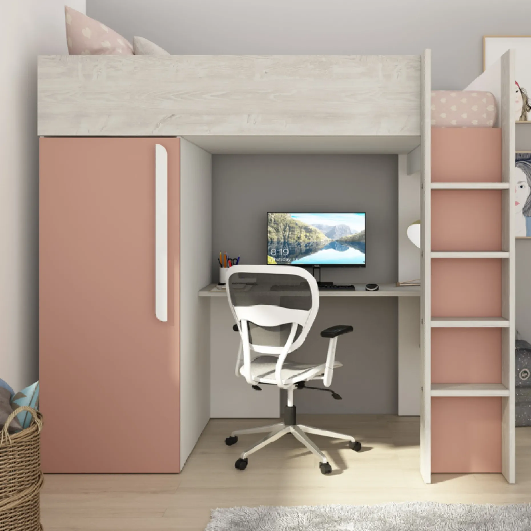 Hochbett Bo9 90x200 cm mit Schreibtisch & Kleiderschrank - altrosa