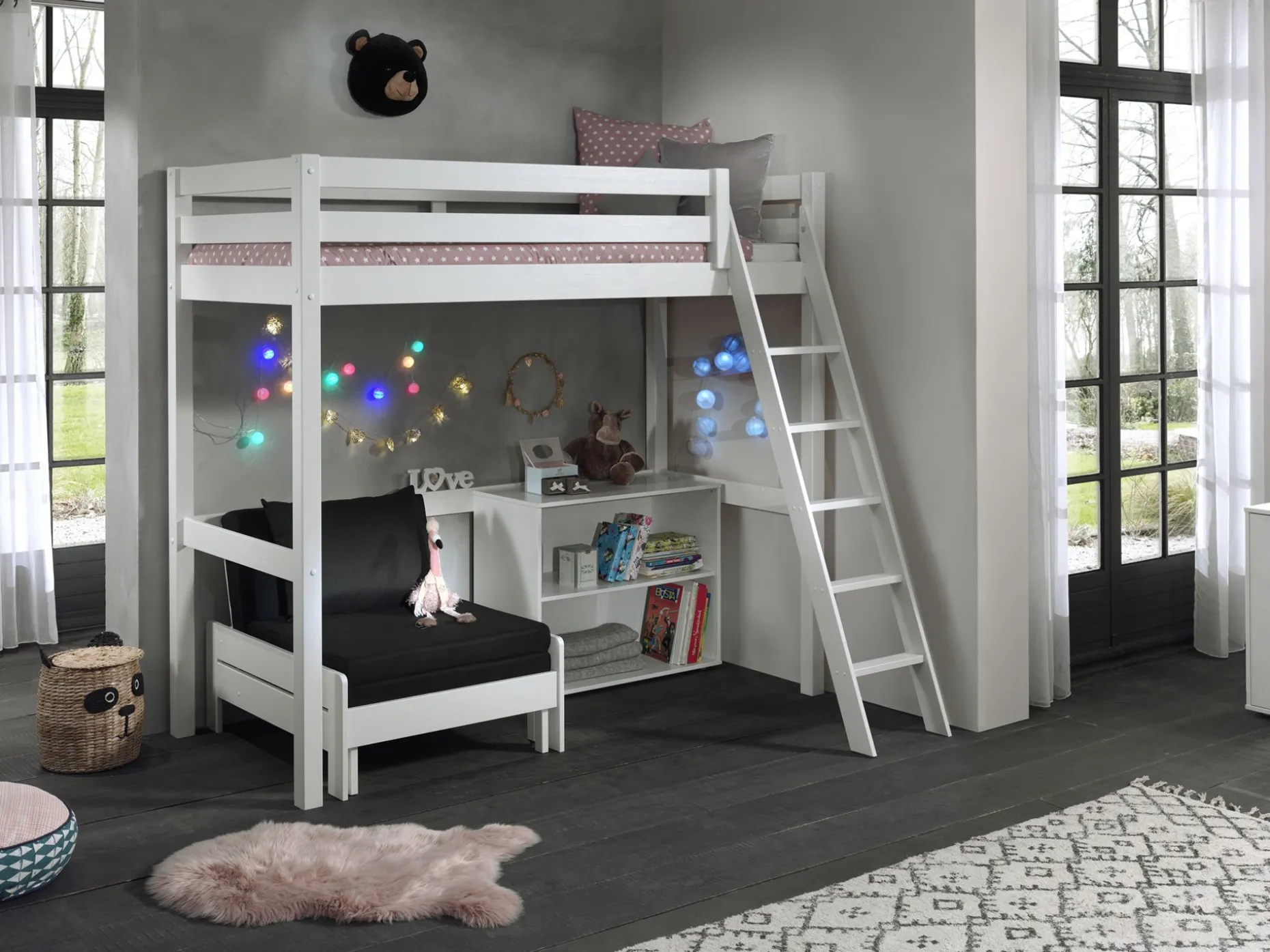 Hochbett Claire 90x200cm mit Bücherregal und Schlafsofa - weiß