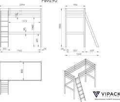 Hochbett Claire 90x200cm mit Bücherregal und Schlafsofa - weiß
