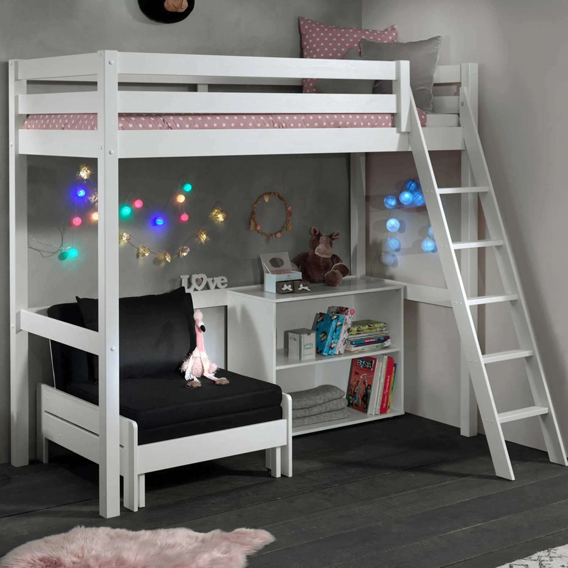 Hochbett Claire 90x200cm mit Bücherregal und Schlafsofa - weiß