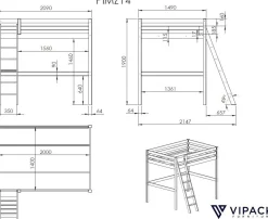 Hochbett Claire 140 x 200cm mit Schreibtisch - weiß