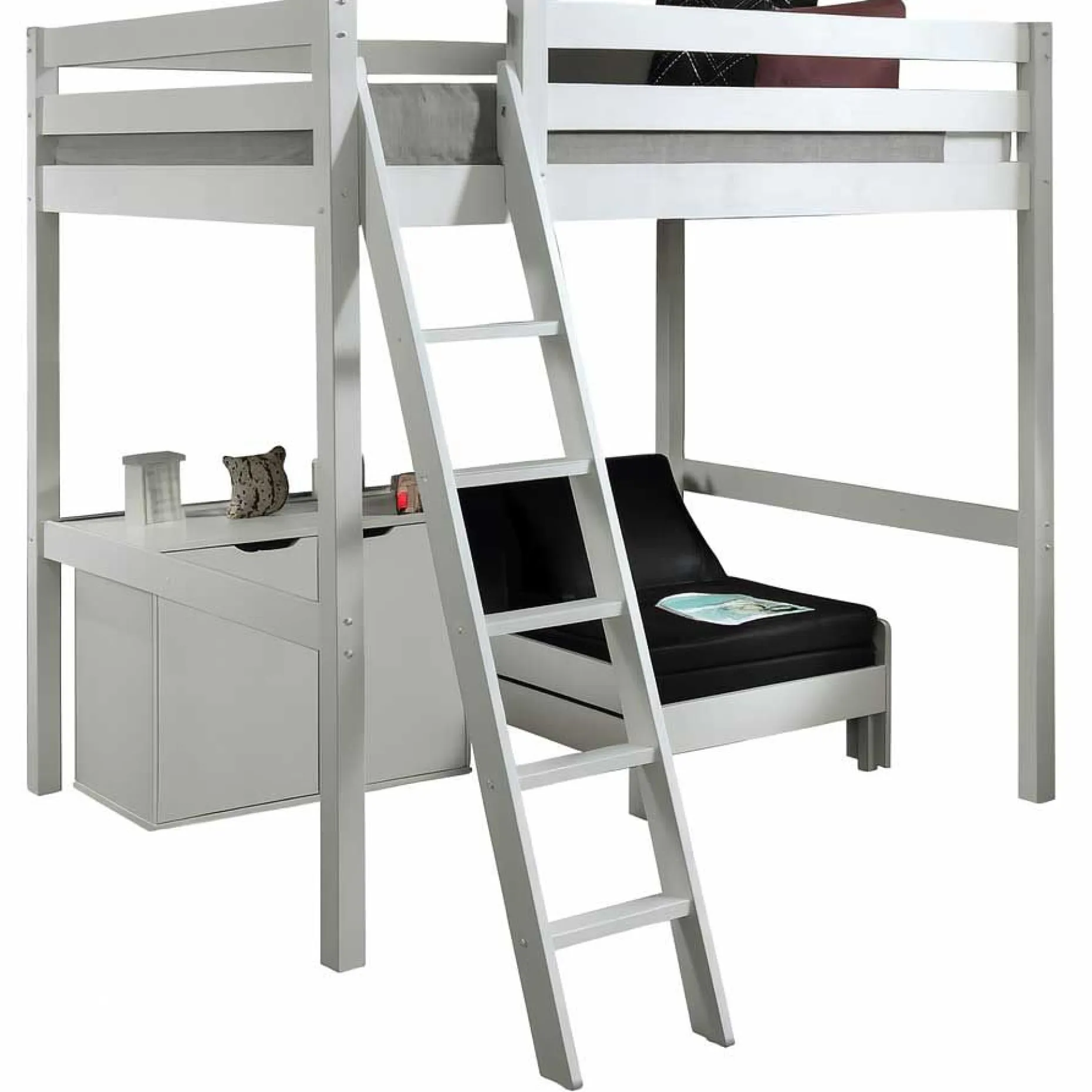 Hochbett Claire 140x200 mit Kommode Charlotte und Sitzbett Lena - weiß