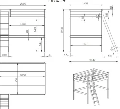 Hochbett Claire 140x200 mit Kommode Charlotte und Sitzbett Lena - weiß