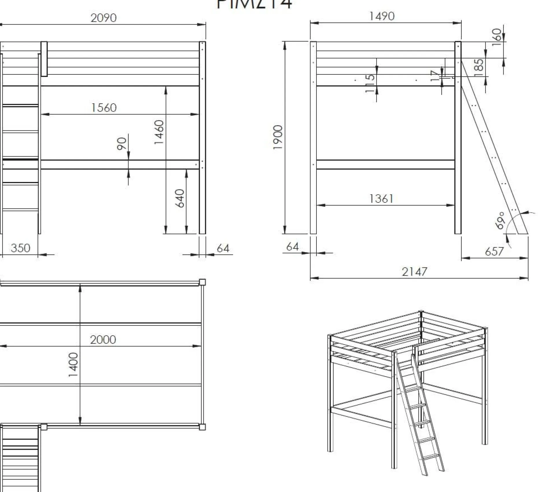 Hochbett Claire 140x200 mit Kommode Charlotte und Sitzbett Lena - weiß