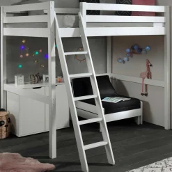 Hochbett Claire 140x200 mit Kommode Charlotte und Sitzbett Lena - weiß