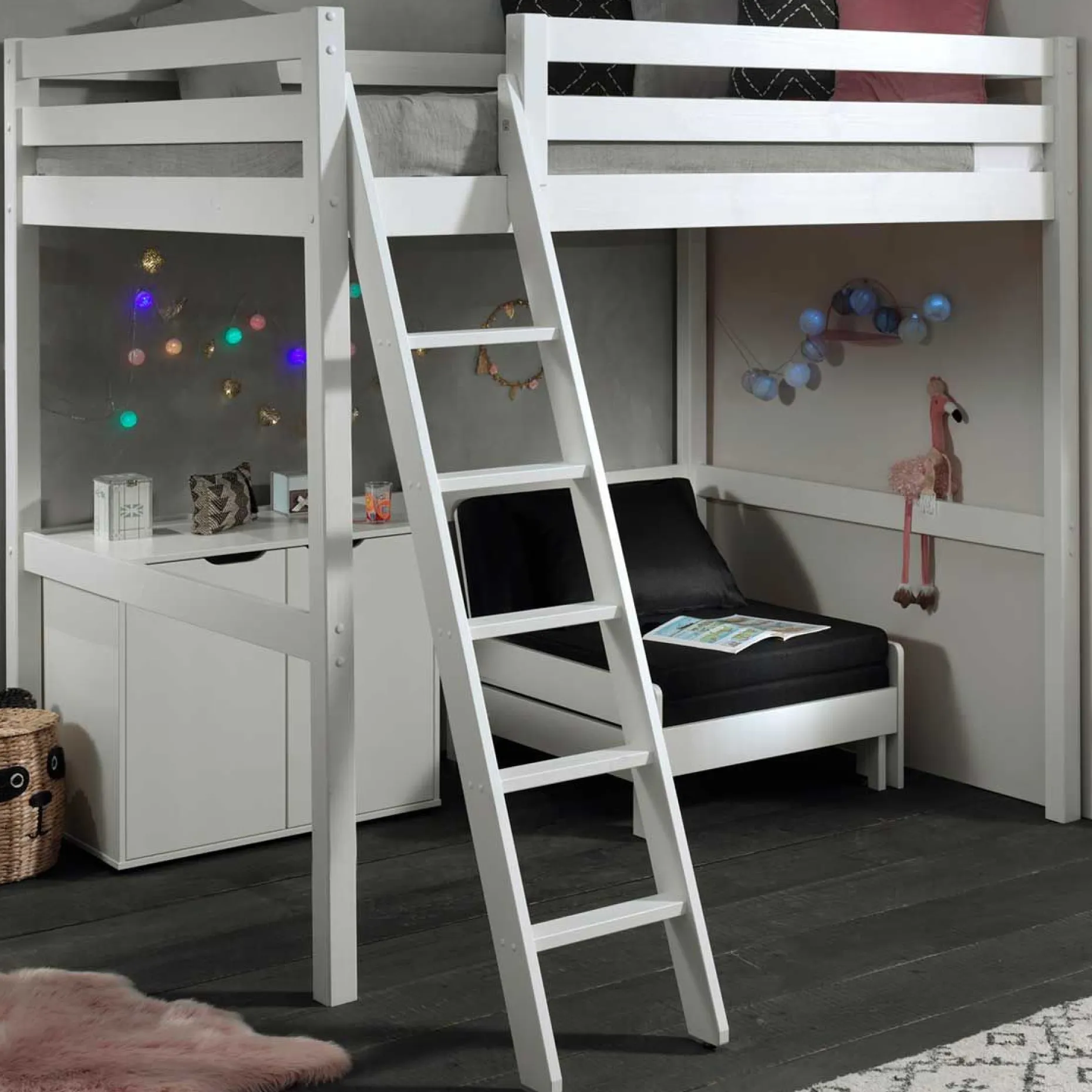 Hochbett Claire 140x200 mit Kommode Charlotte und Sitzbett Lena - weiß