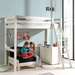 Hochbett Claire 90x200 mit Kommode Charlotte und Sitzbett Lena - weiß