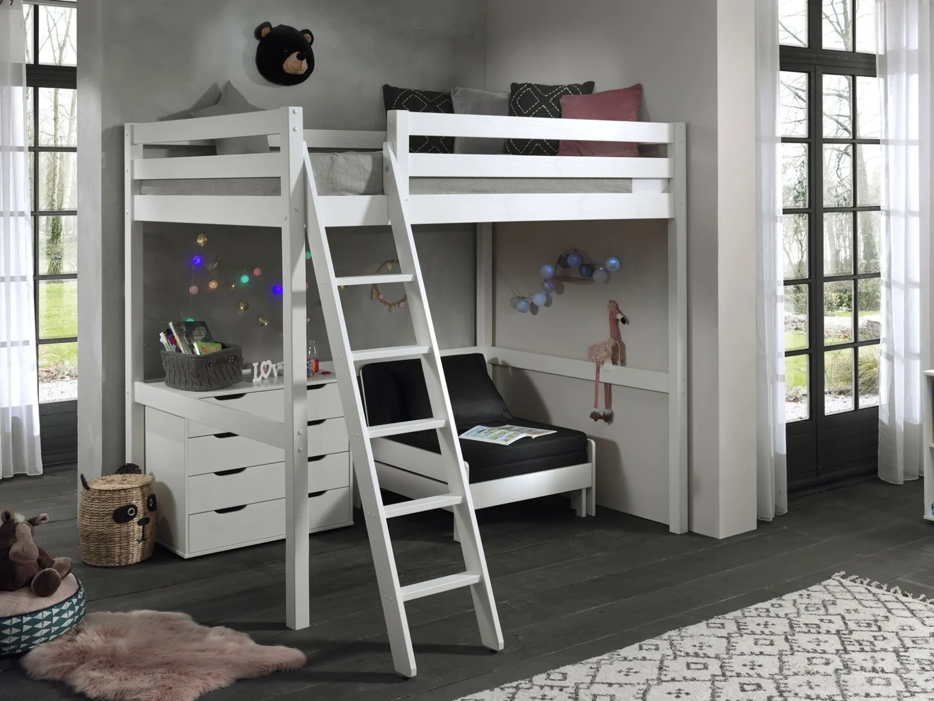 Hochbett Claire 140x200 mit Schlafsofa und Kommode - weiß
