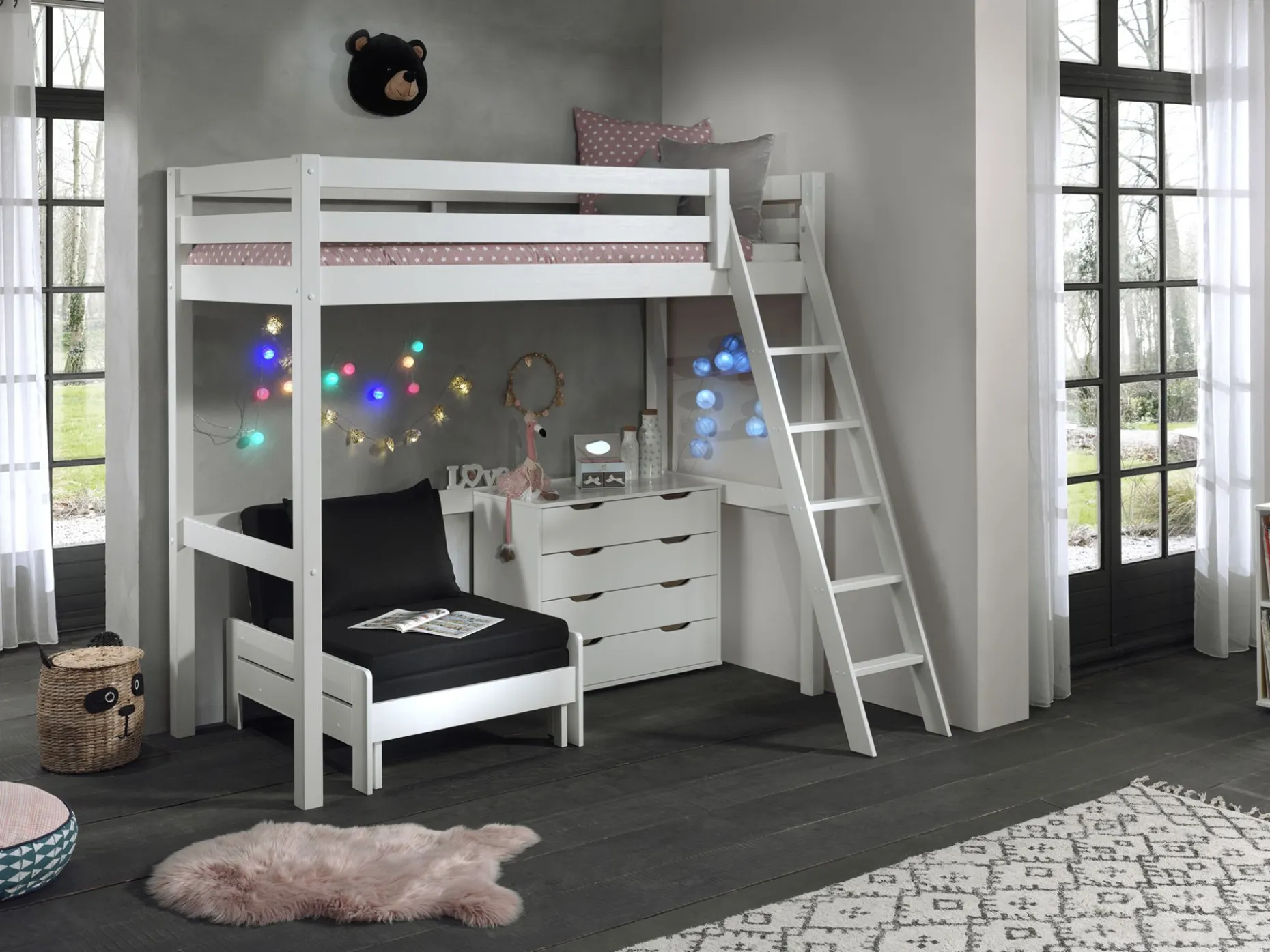 Hochbett Claire 90x200 mit Schlafsofa und Kommode - weiß