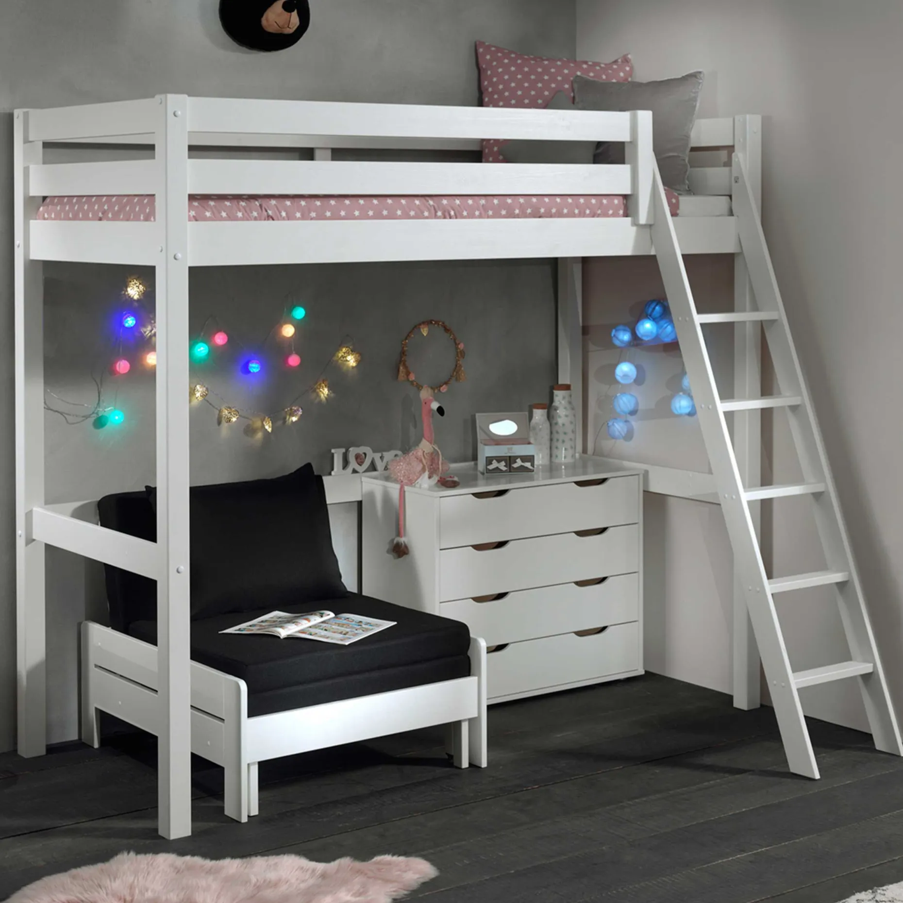 Hochbett Claire 90x200 mit Schlafsofa und Kommode - weiß