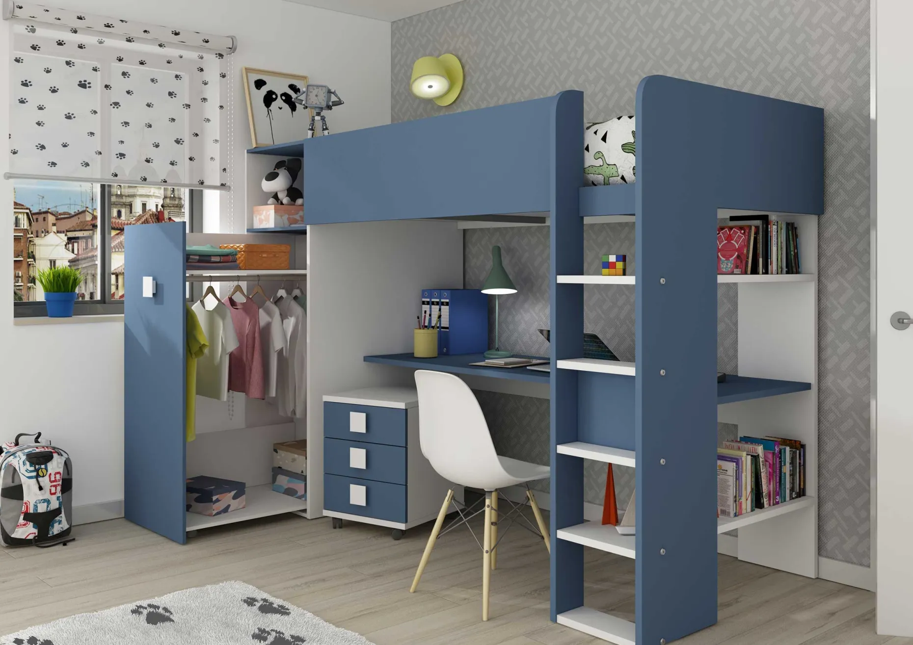 Hochbett Jet mit Schreibtisch und Kleiderschrank 90x200cm - blau