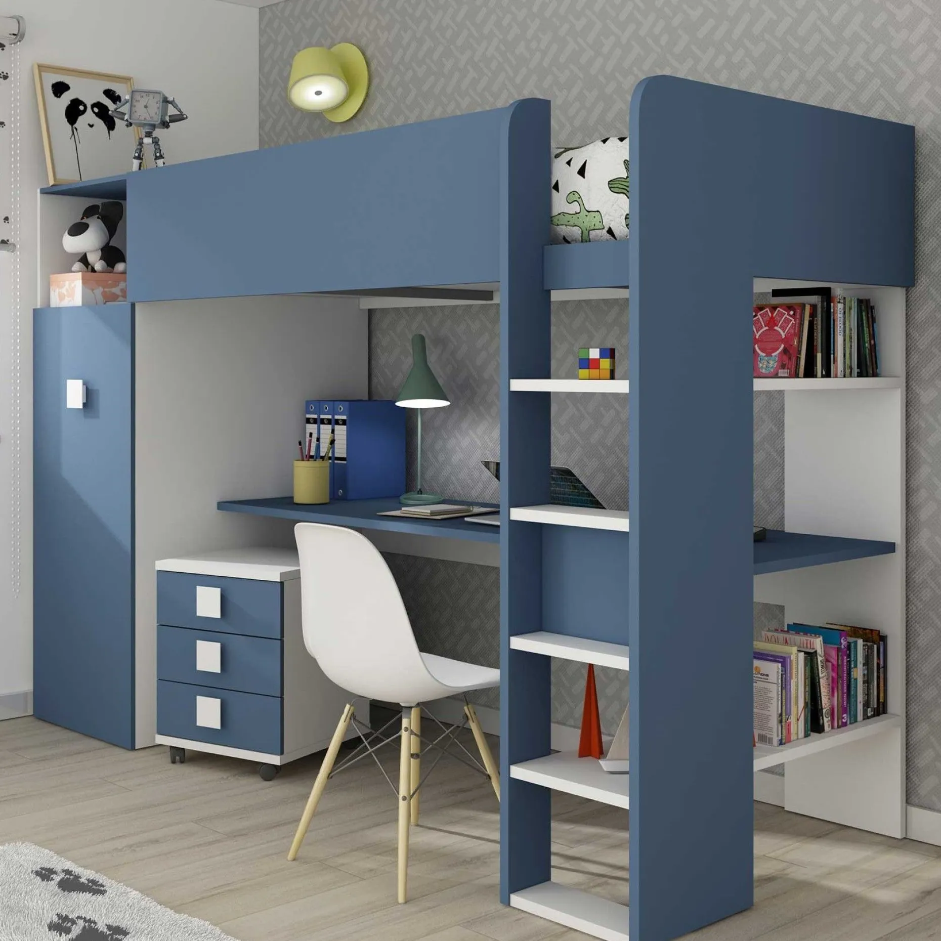 Hochbett Jet mit Schreibtisch und Kleiderschrank 90x200cm - blau