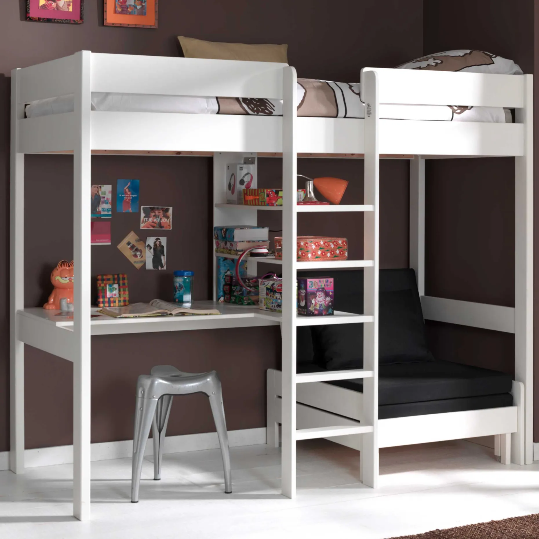 Hochbett Lena mit Schreibtisch und Sofabett - weiß