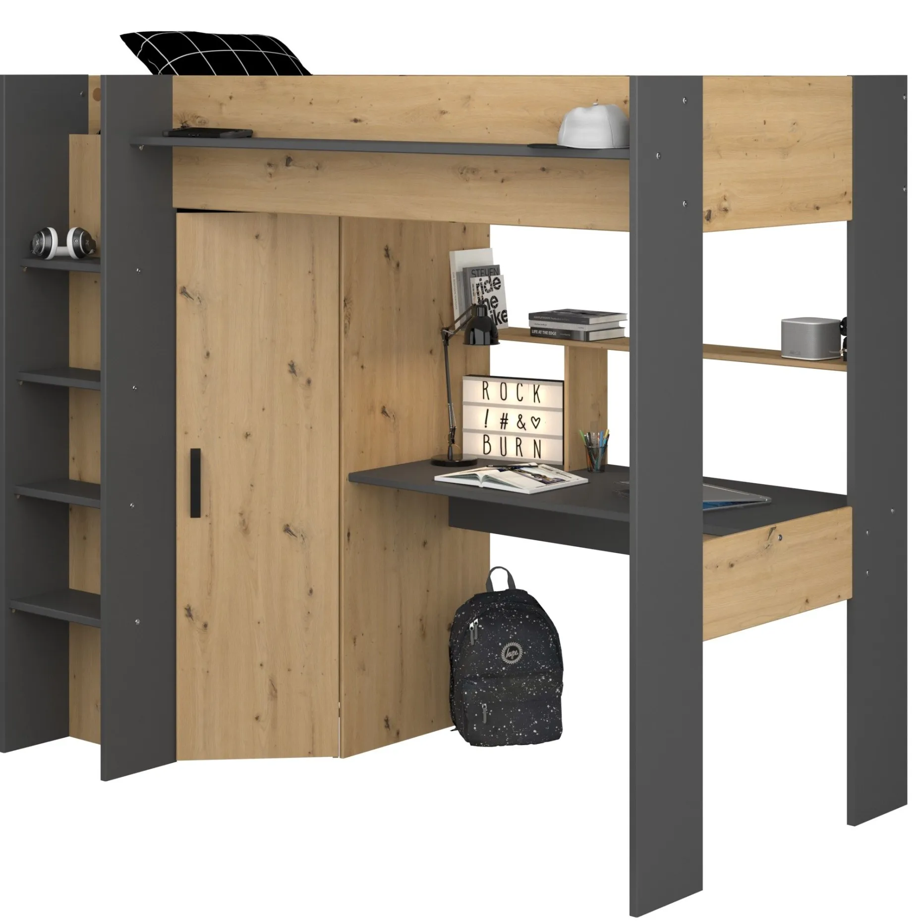 Hochbett mit Schreibtisch Herv 90x200 - Eiche artisan/grau