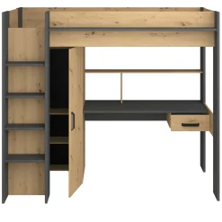 Hochbett mit Schreibtisch Herv 90x200 - Eiche artisan/grau
