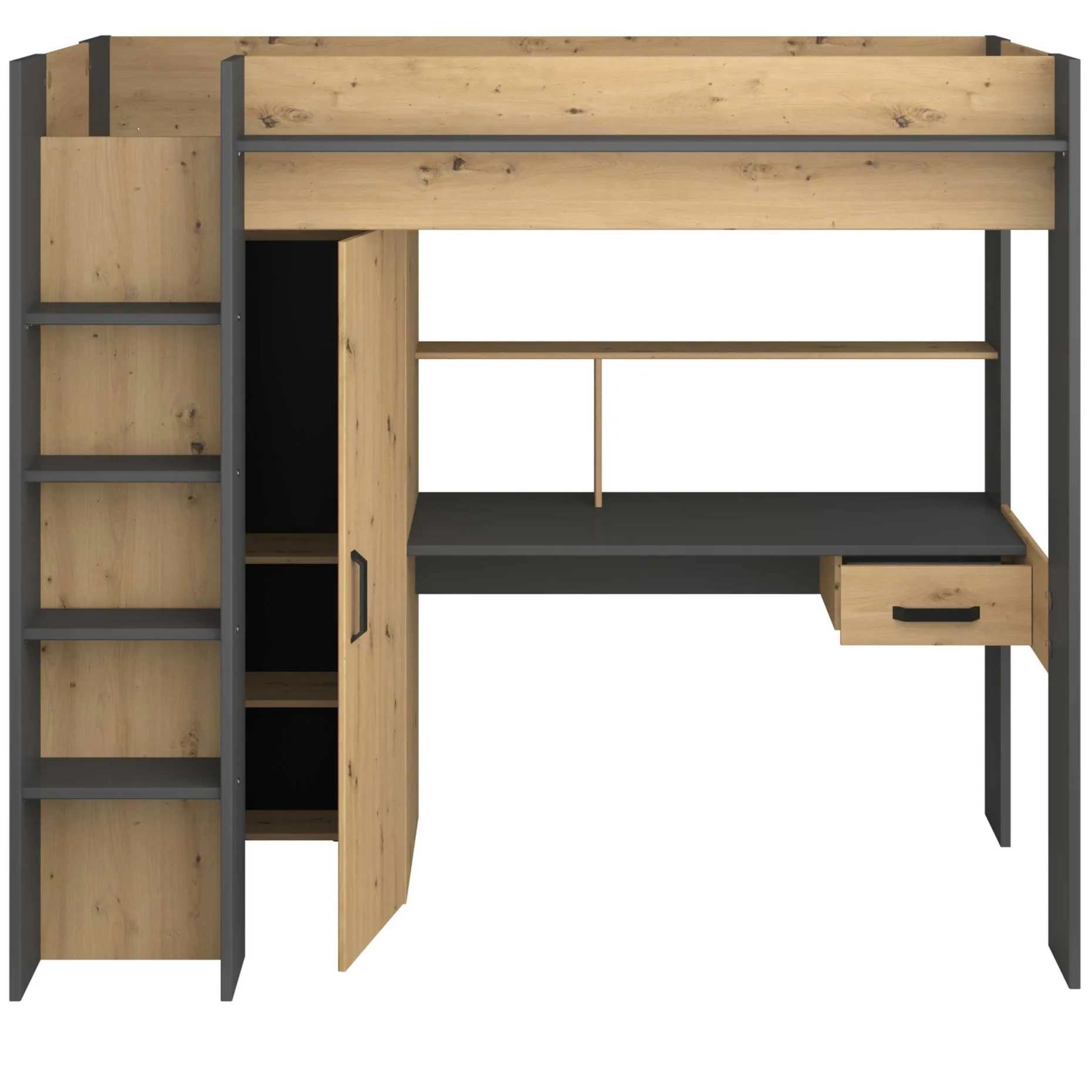 Hochbett mit Schreibtisch Herv 90x200 - Eiche artisan/grau