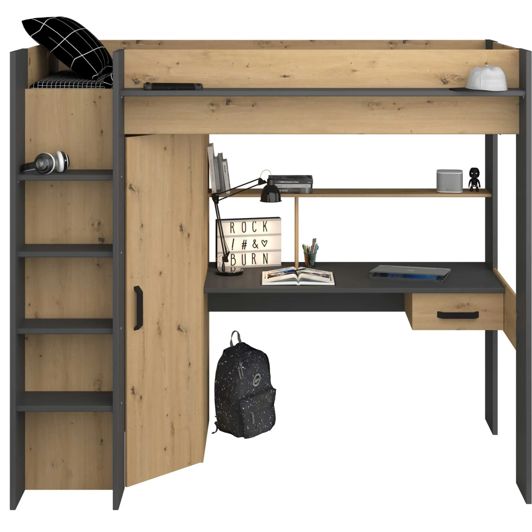 Hochbett mit Schreibtisch Herv 90x200 - Eiche artisan/grau
