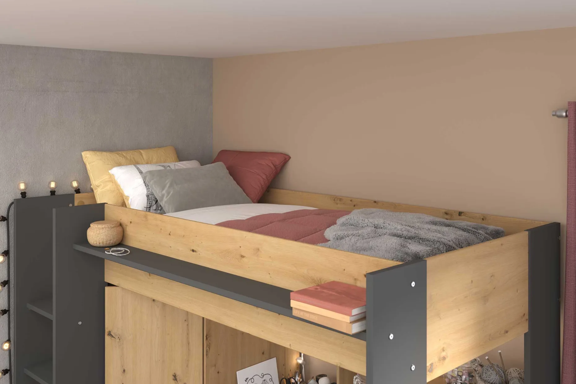 Hochbett mit Schreibtisch Herv 90x200 - Eiche artisan/grau