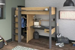 Hochbett mit Schreibtisch Herv 90x200 - Eiche artisan/grau