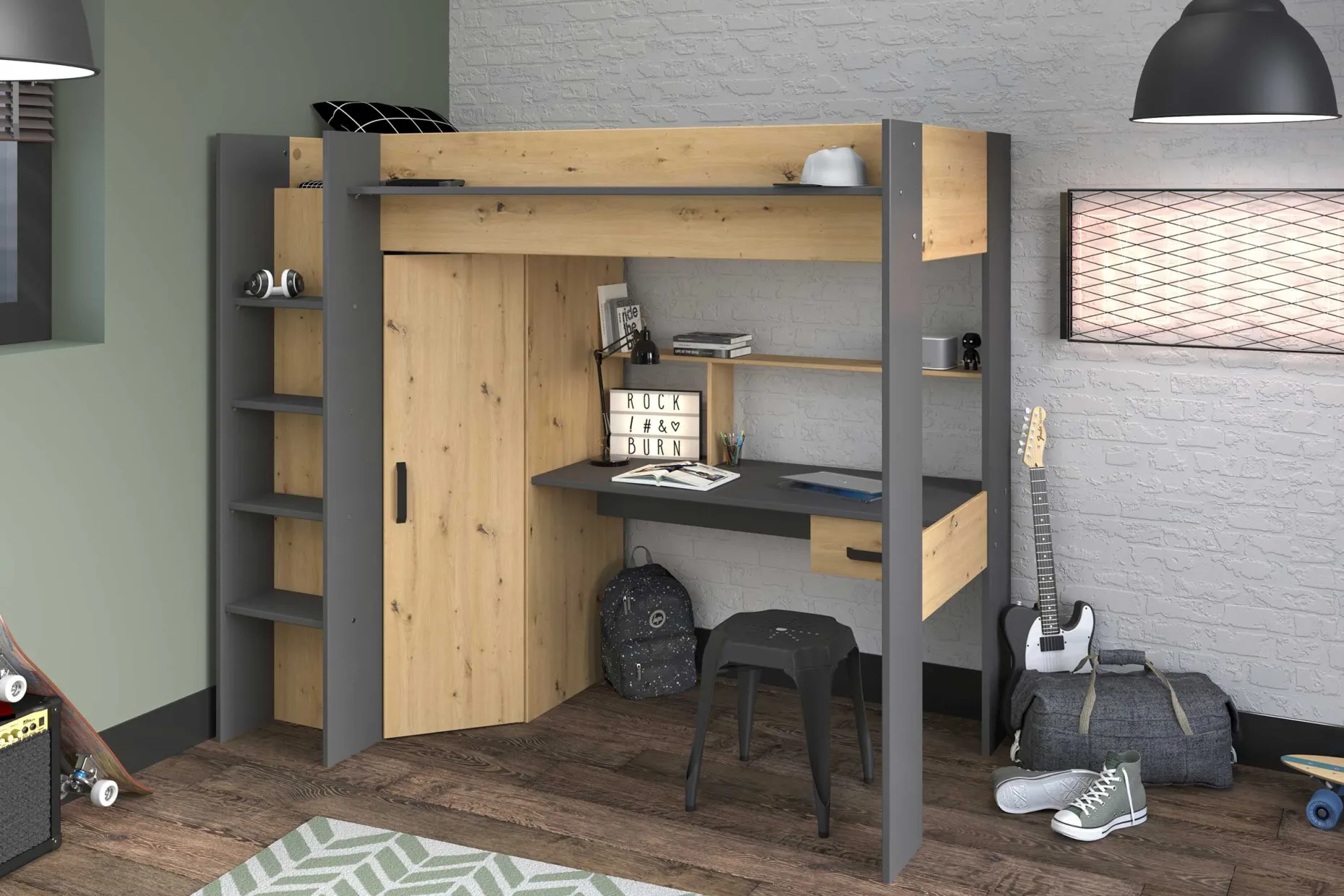 Hochbett mit Schreibtisch Herv 90x200 - Eiche artisan/grau