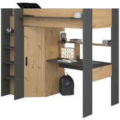 Hochbett mit Schreibtisch Herv 90x200 - Eiche artisan/grau