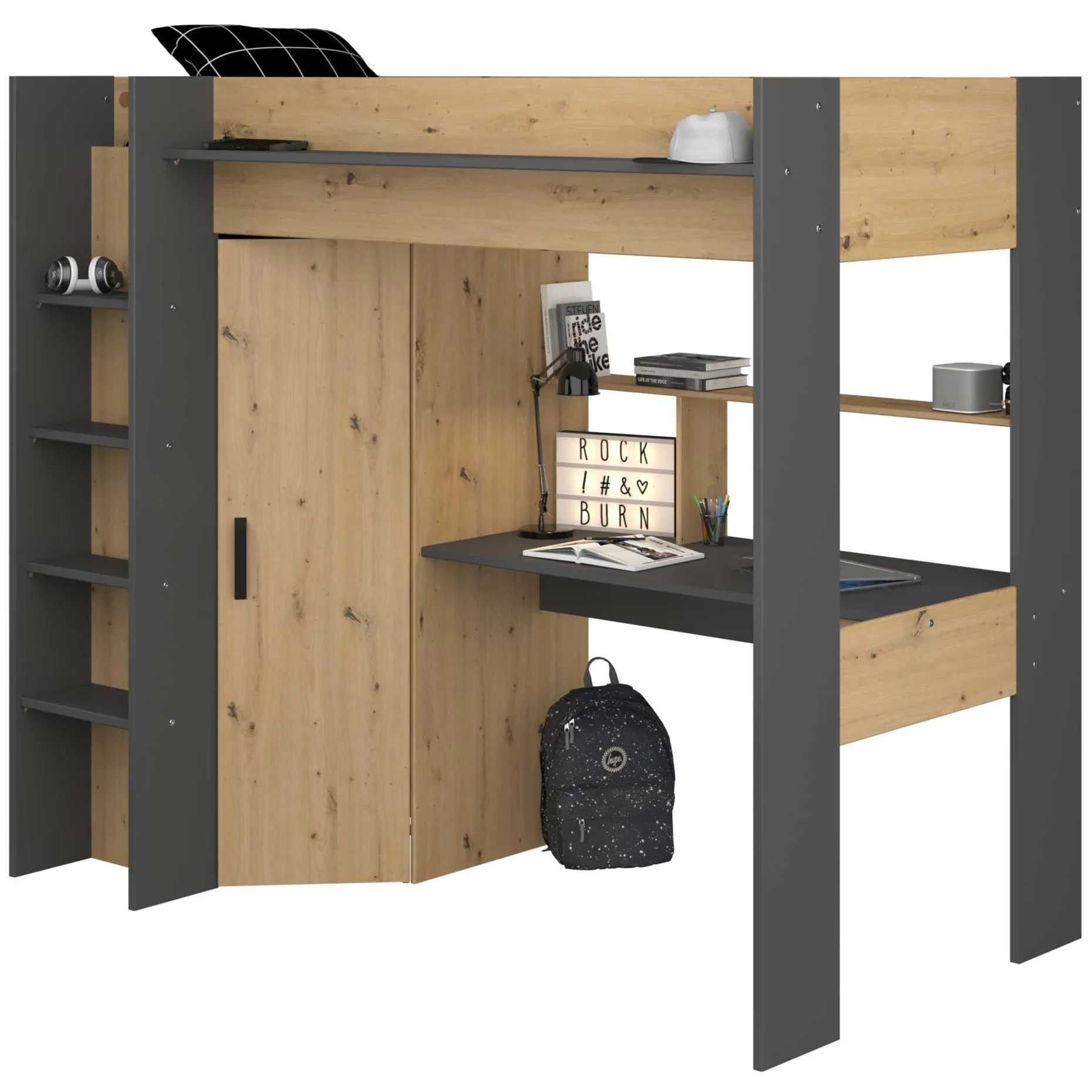 Hochbett mit Schreibtisch Herv 90x200 - Eiche artisan/grau