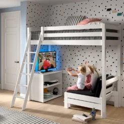 Hochbett Pino - 90x200cm - mit Bücherregal und Schlafsofa - Weiß
