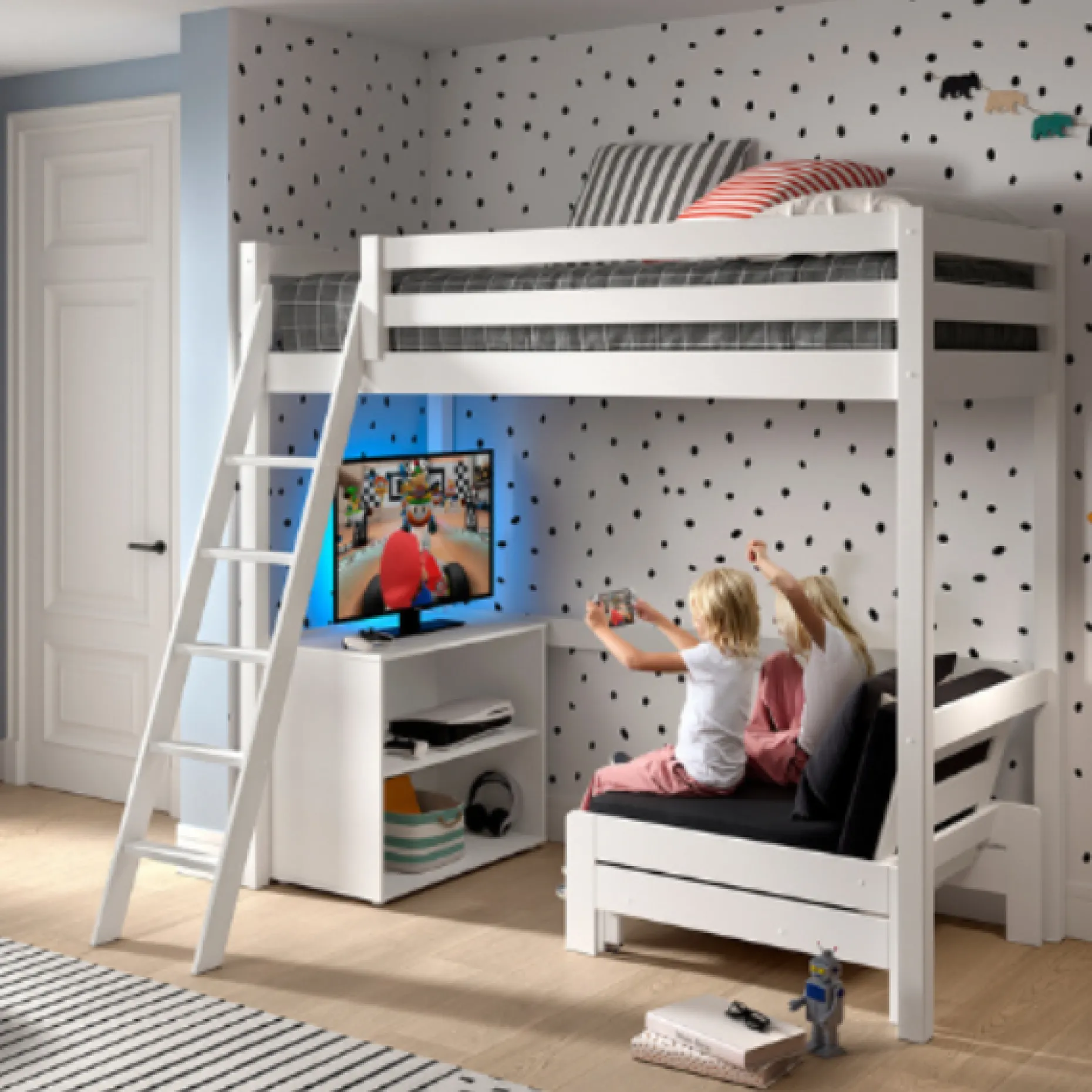 Hochbett Pino - 90x200cm - mit Bücherregal und Schlafsofa - Weiß