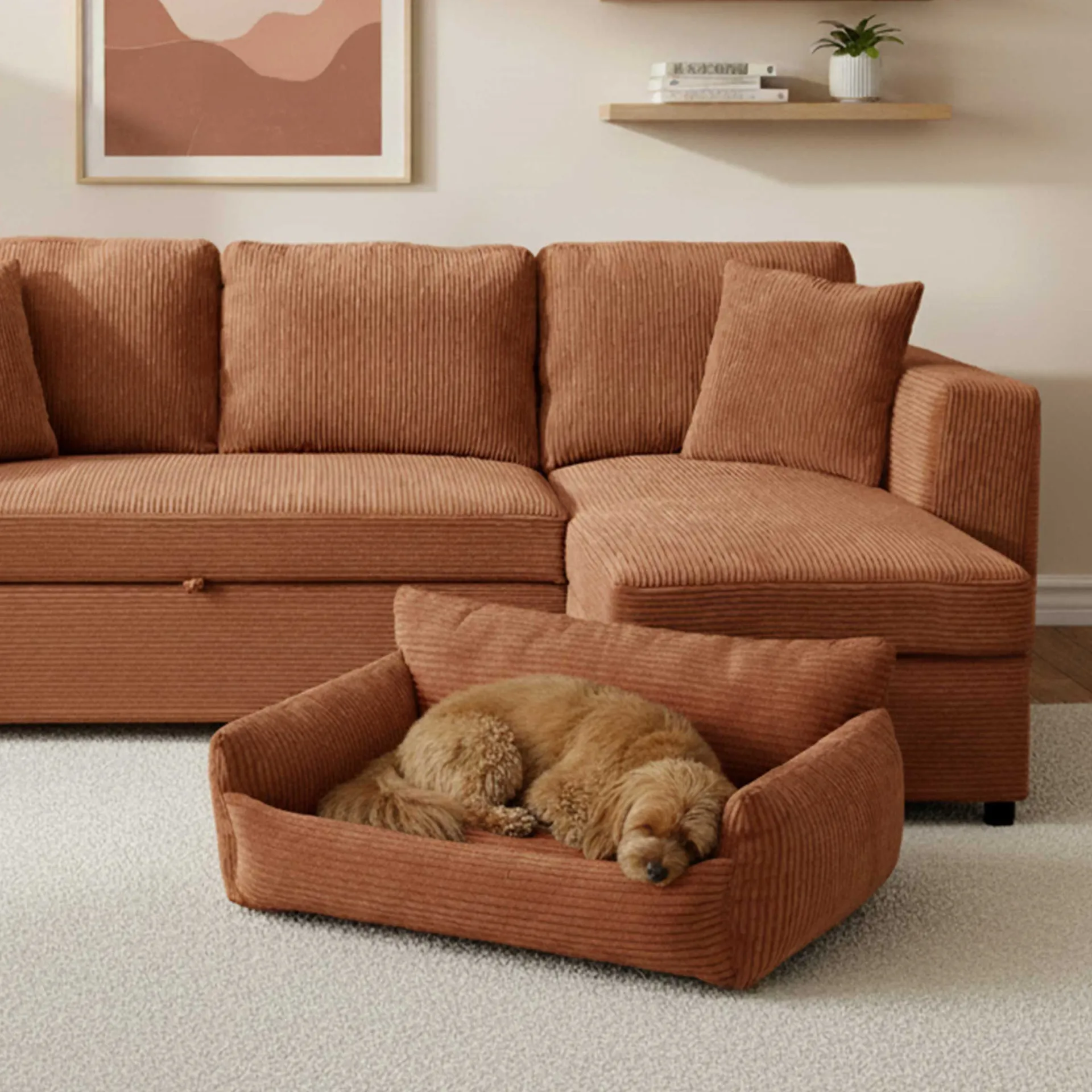 Emob Hundebett Punch - 85x66x29cm - Rippensamt - terracotta