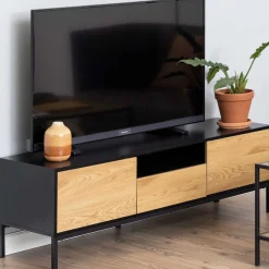 Industrieller Couchtisch Dover 140cm 2 Türen 1 Schublade - Schwarz/Wildeiche
