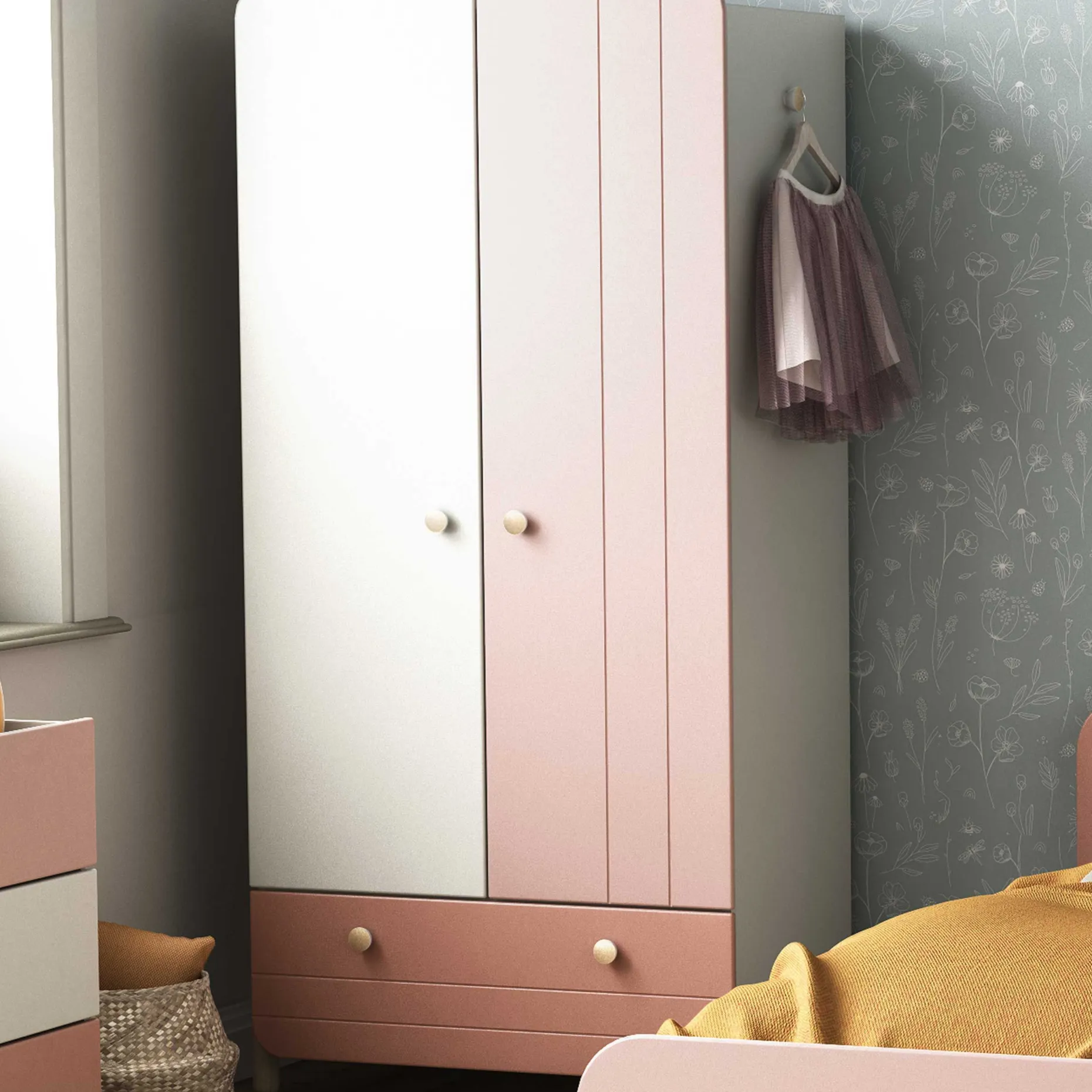 Janne Kleiderschrank 2 Flügeltüren, 1 Kleiderstange, 1 Einlegeboden und 1 Schublade-mattrosa/mattweiß