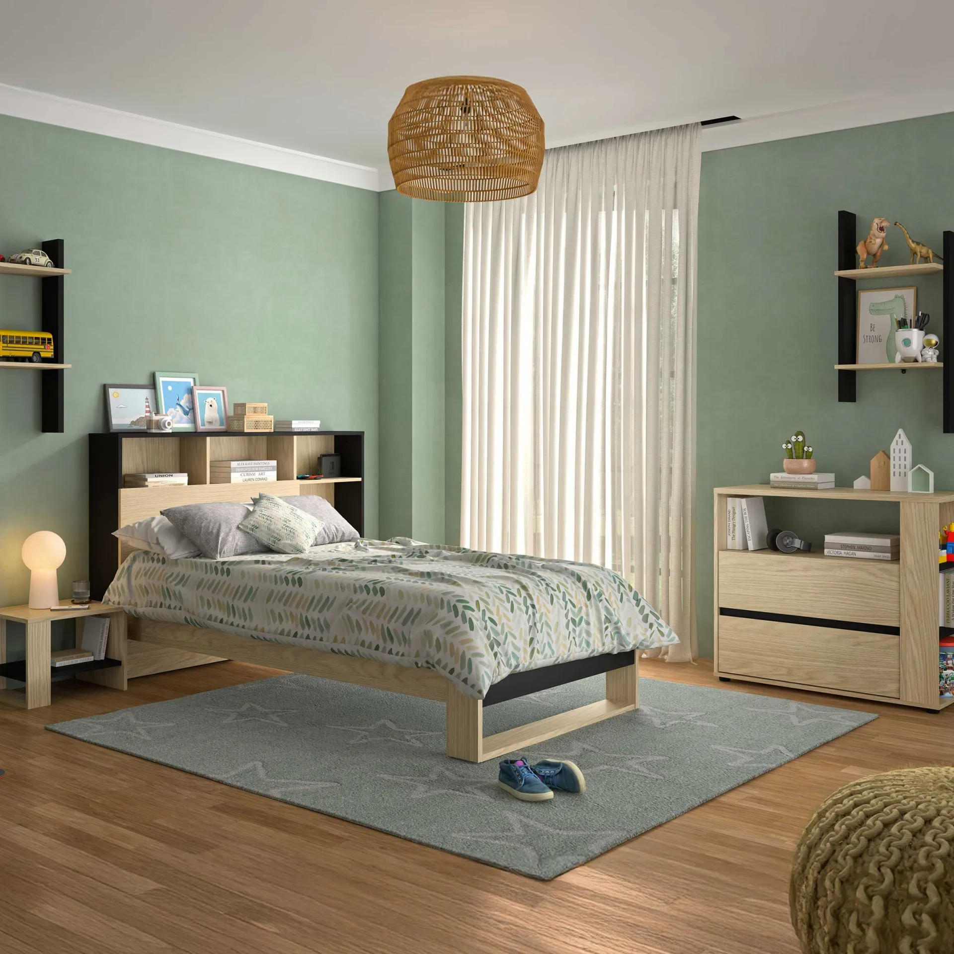 Kinder Gautier - Gami Jugendzimmer Nael: Bett 90x200 mit Lattenrost, Kommode, Nachttisch, Wandregal - Eiche Dekor/schwarz