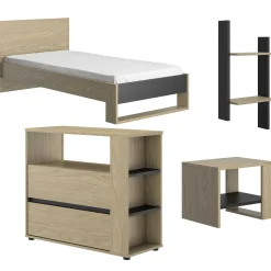 Kinder Gautier - Gami Jugendzimmer Nael: Bett 90x190 mit Rückwand, Kommode, Nachttisch, Wandregal - Eiche Dekor/schwarz
