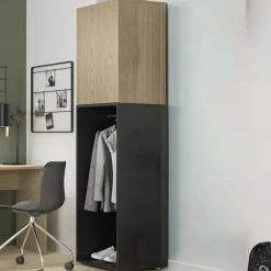 Kinder Gautier - Gami Jugendzimmer Nael: halbhohes Bett 90x200, Schränke - Eiche Dekor/schwarz