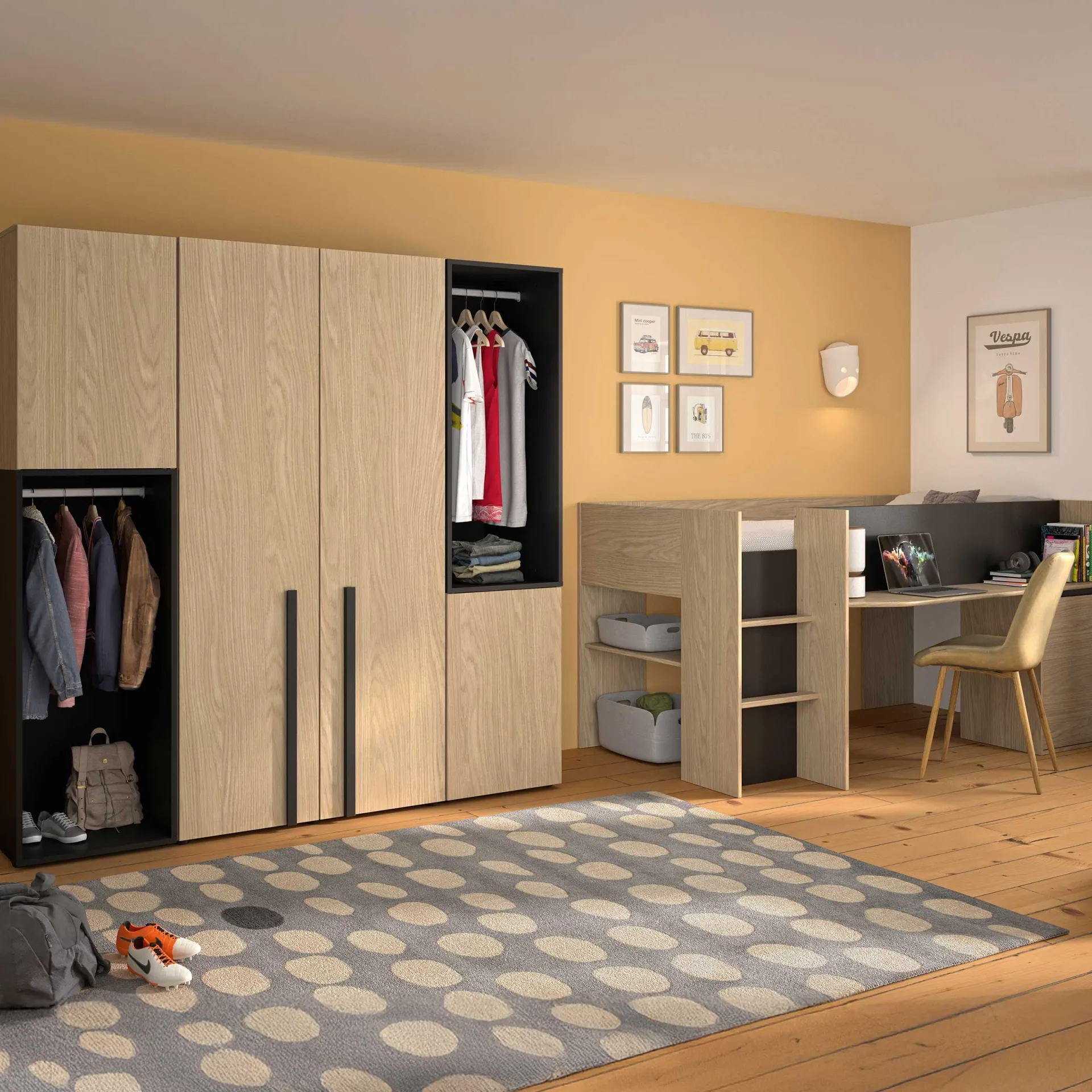 Kinder Gautier - Gami Jugendzimmer Nael: halbhohes Bett 90x200, Schränke - Eiche Dekor/schwarz