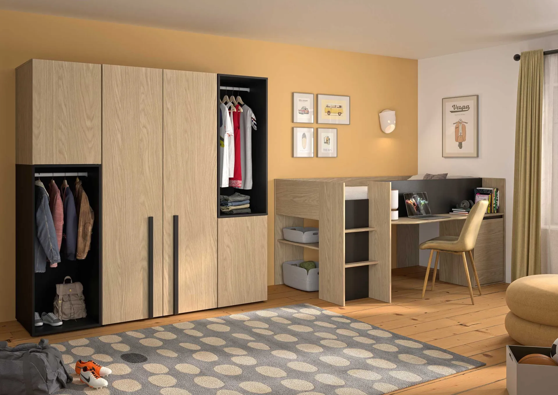 Kinder Gautier - Gami Jugendzimmer Nael: halbhohes Bett 90x200, Schränke - Eiche Dekor/schwarz