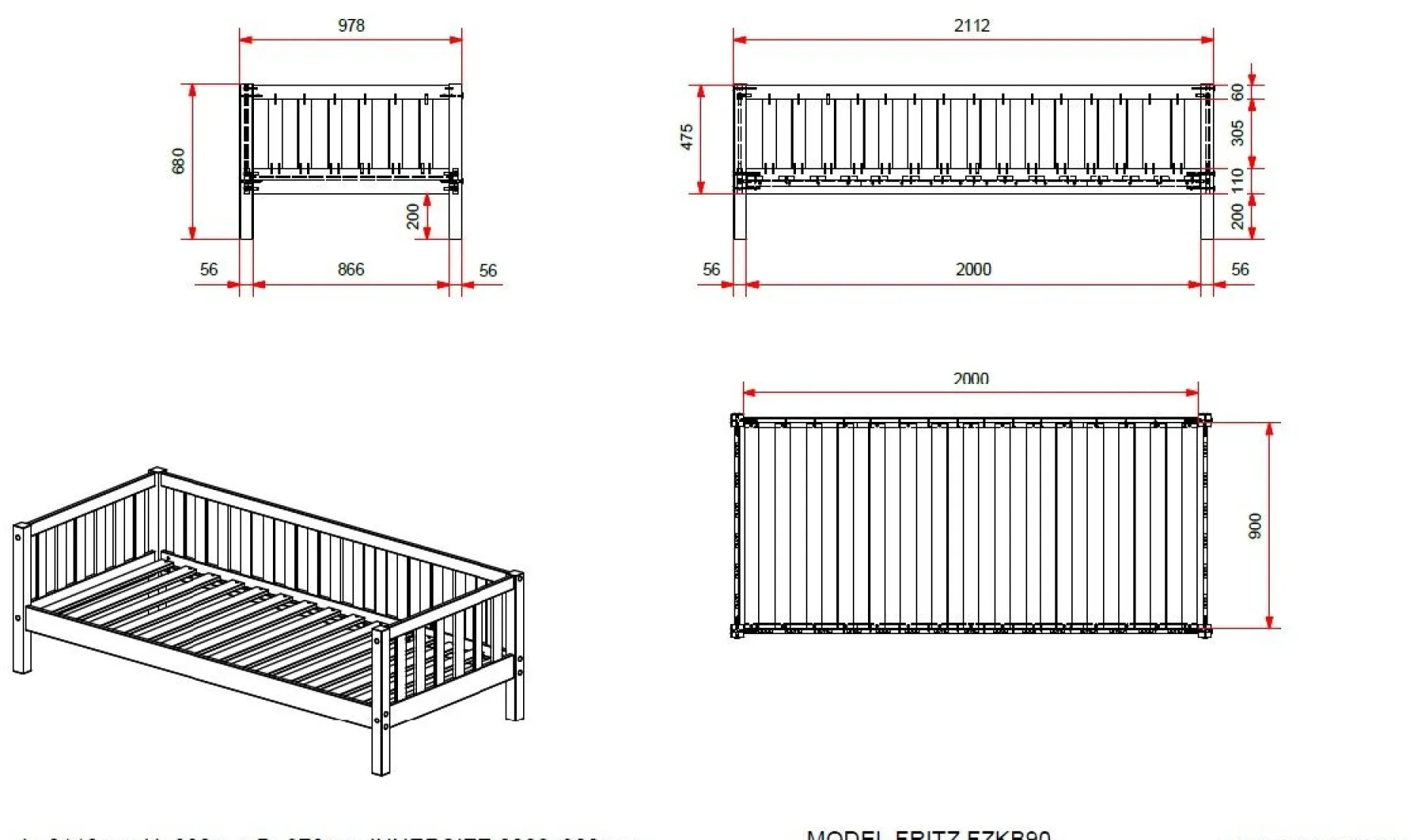 Kabinenbett Friedrich 90x200 mit Bettkasten Kiefer - weiß