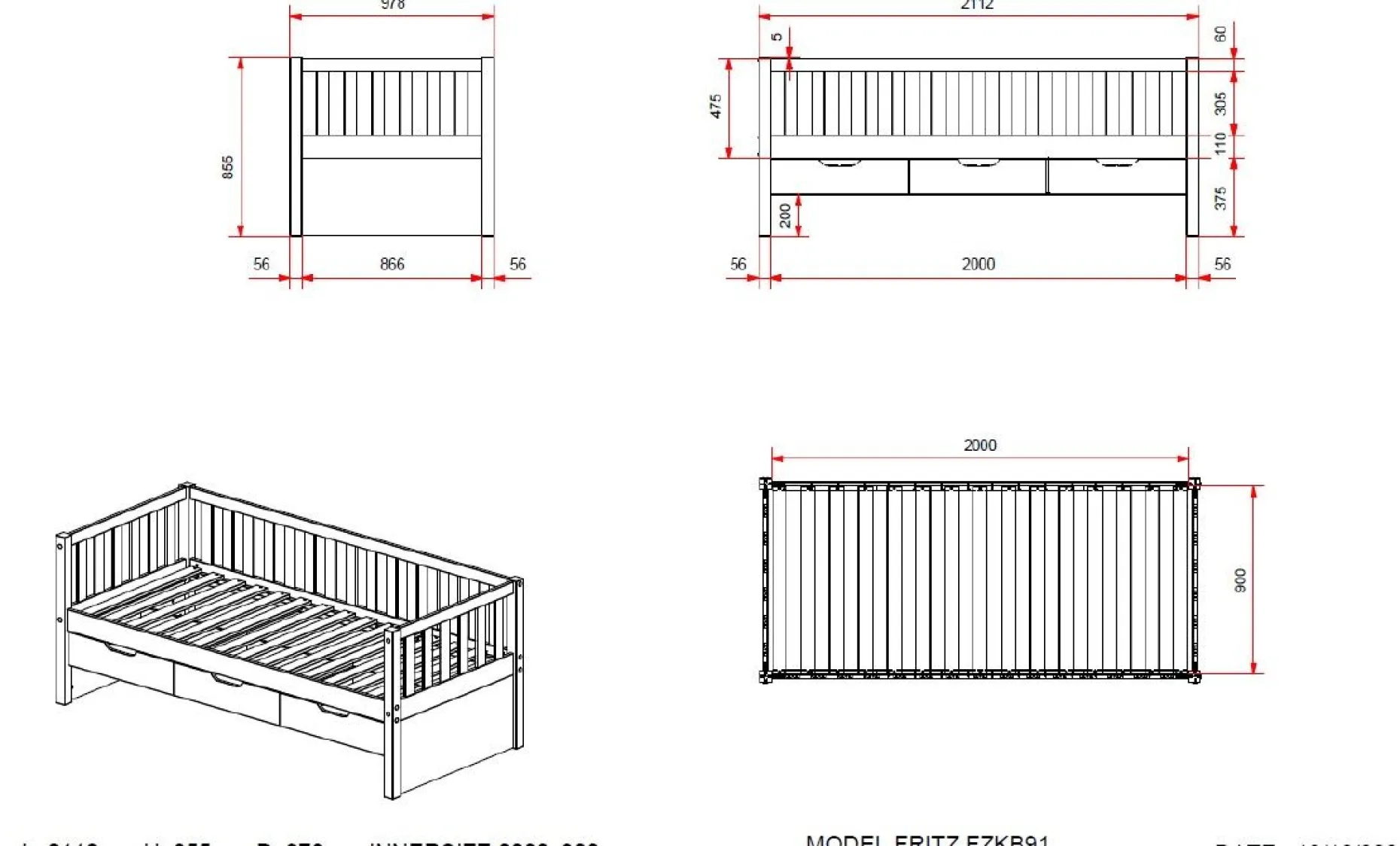 Kabinenbett Friedrich | 211,2 x 98,2 x 68 cm | 3 Schubladen | Kiefernholz | Milky Pine Design