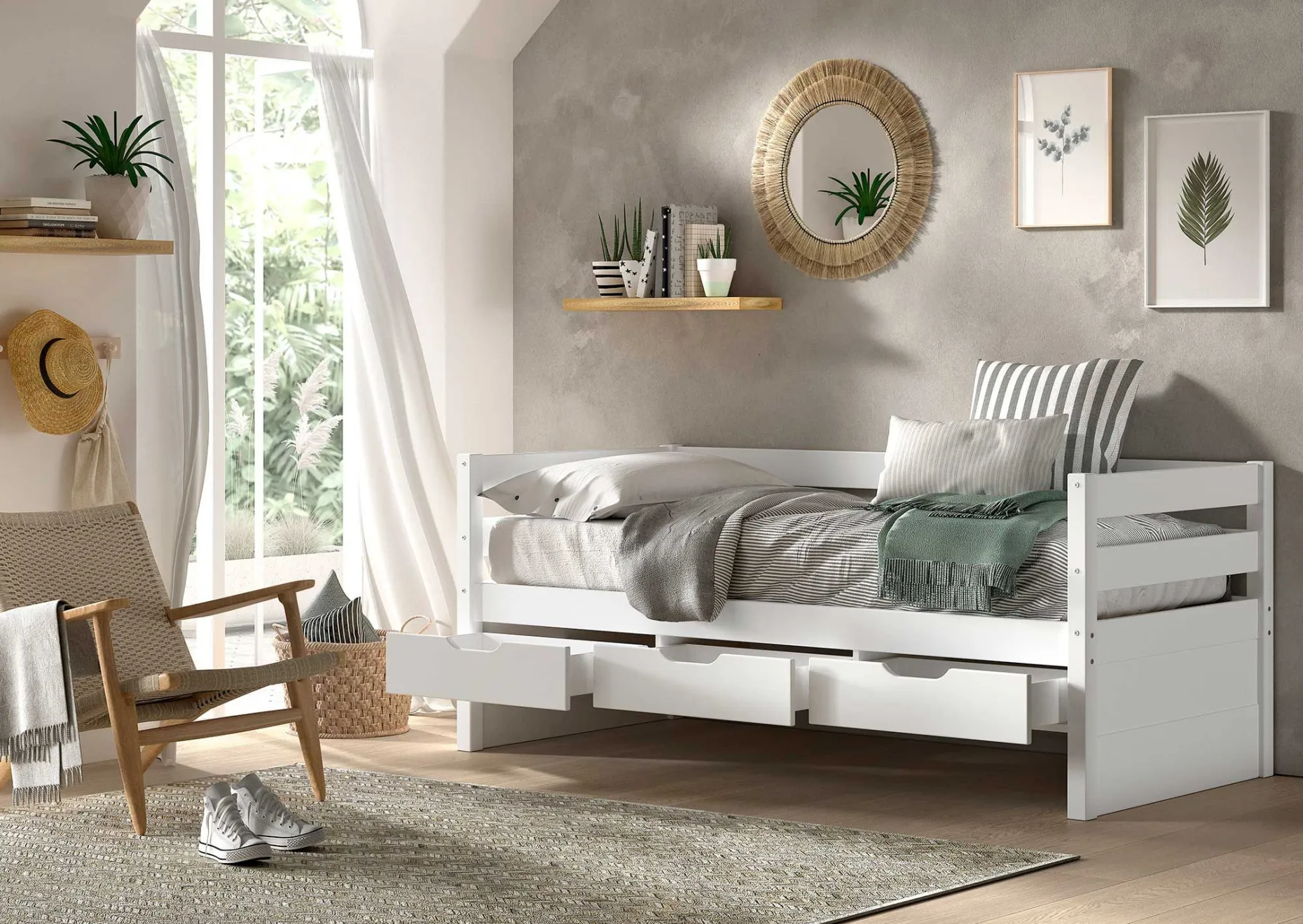 Kabinenbett Maggie - mit 3 Ablagefächern - 90 x 200 - Kiefer massiv - weiß