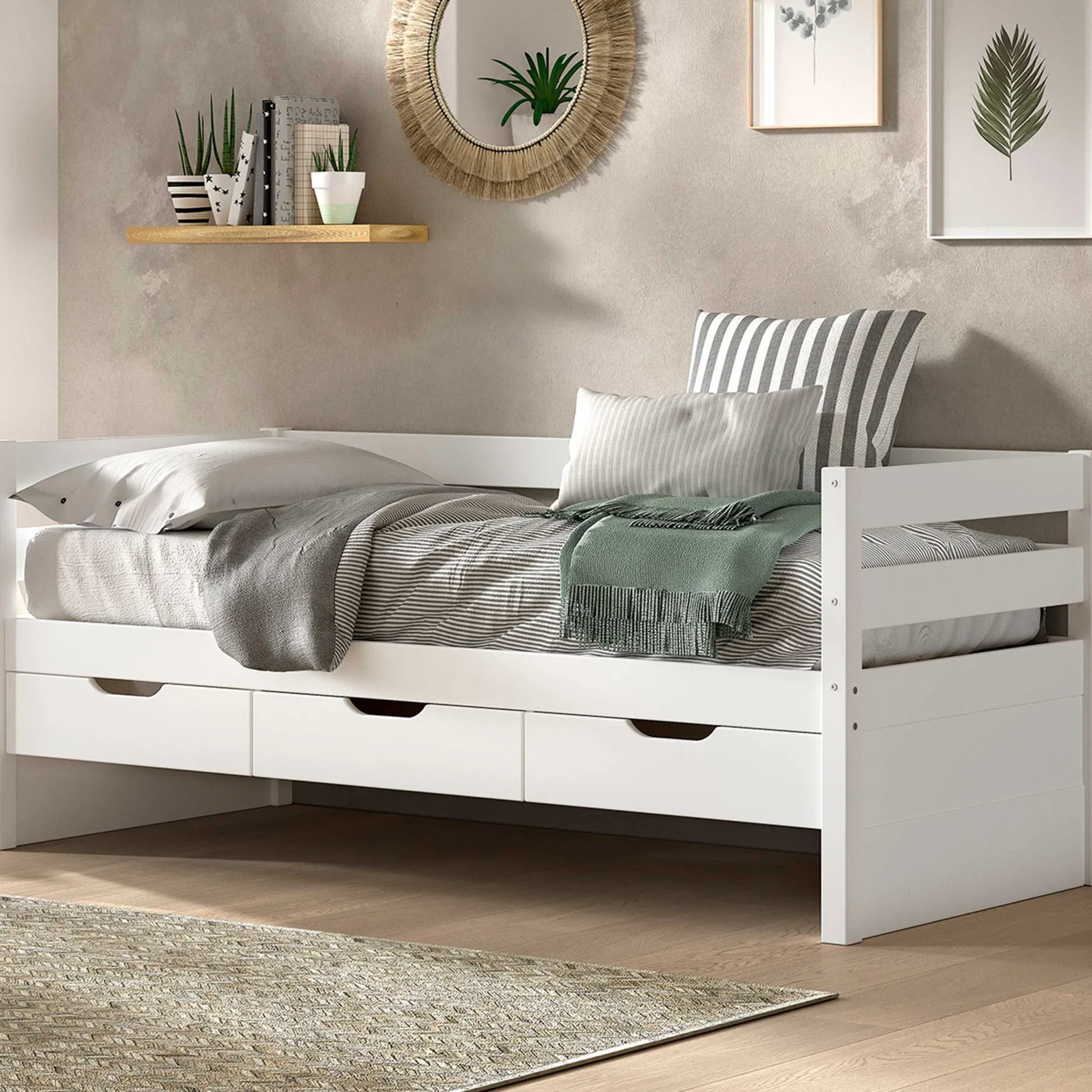 Kabinenbett Maggie - mit 3 Ablagefächern - 90 x 200 - Kiefer massiv - weiß