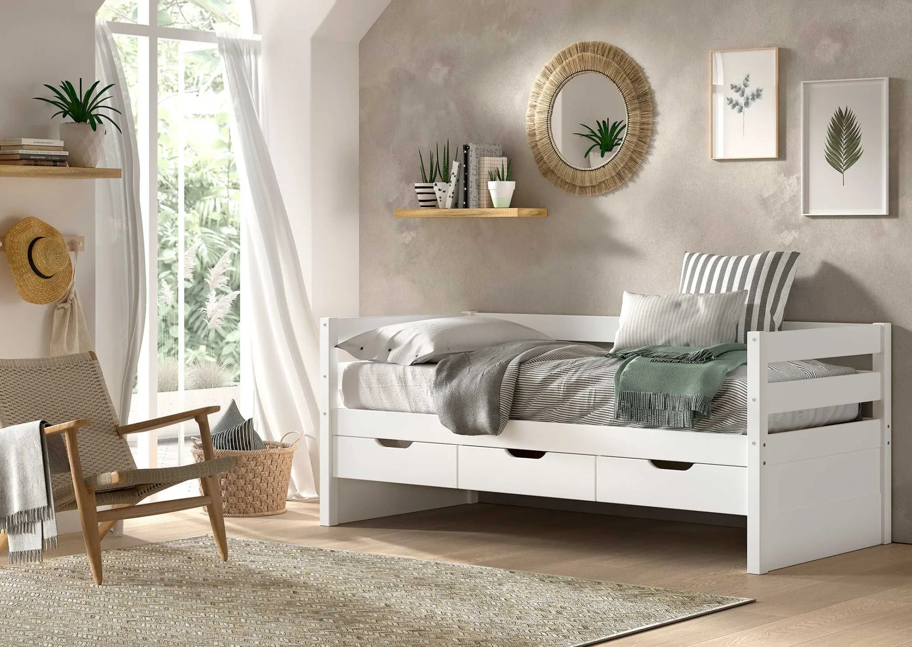 Kabinenbett Maggie - mit 3 Ablagefächern - 90 x 200 - Kiefer massiv - weiß