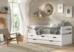 Kabinenbett Maggie - mit 3 Stauraumschubladen und Bettkasten - 90 x 200 - Kiefer massiv - weiß