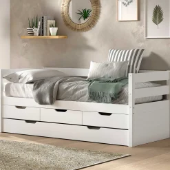 Kabinenbett Maggie - mit 3 Stauraumschubladen und Bettkasten - 90 x 200 - Kiefer massiv - weiß